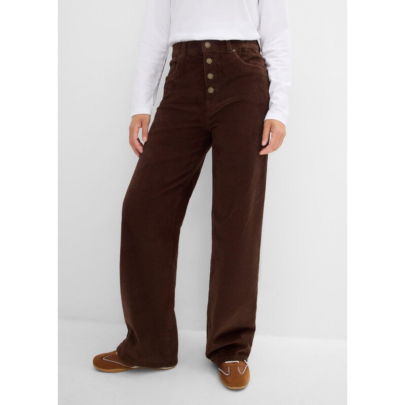 bonprix Manšestrové kalhoty, High Waist, z bavlněné směsi hnědá