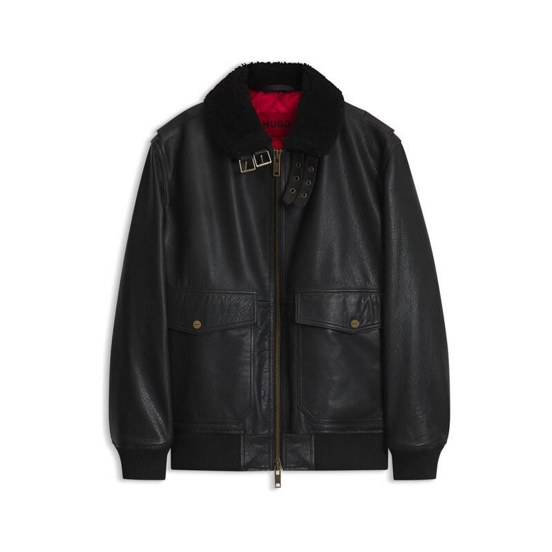 HUGO Padded leather jacket with shearling details