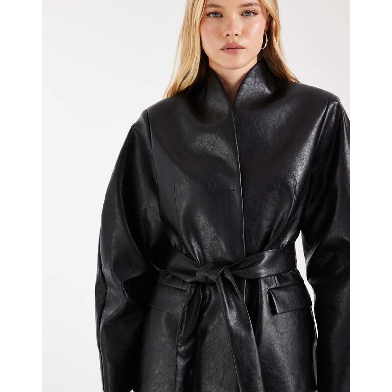 ASOS DESIGN Tailored high neck faux leather belted cocoon sleeve