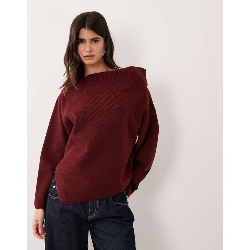 ASOS DESIGN knitted off shoulder top in burgundy-Red