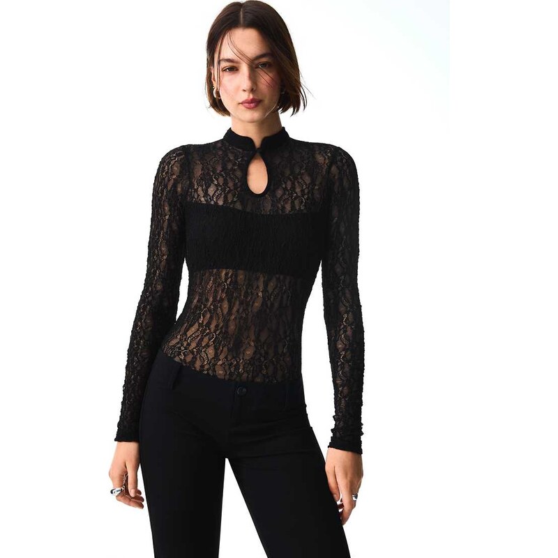 Bershka Long sleeve lace bodysuit with split neckline in black