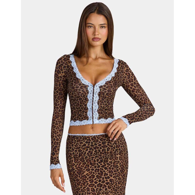 Oh Polly modal plunge lace trim hook and eye cardigan co-ord in
