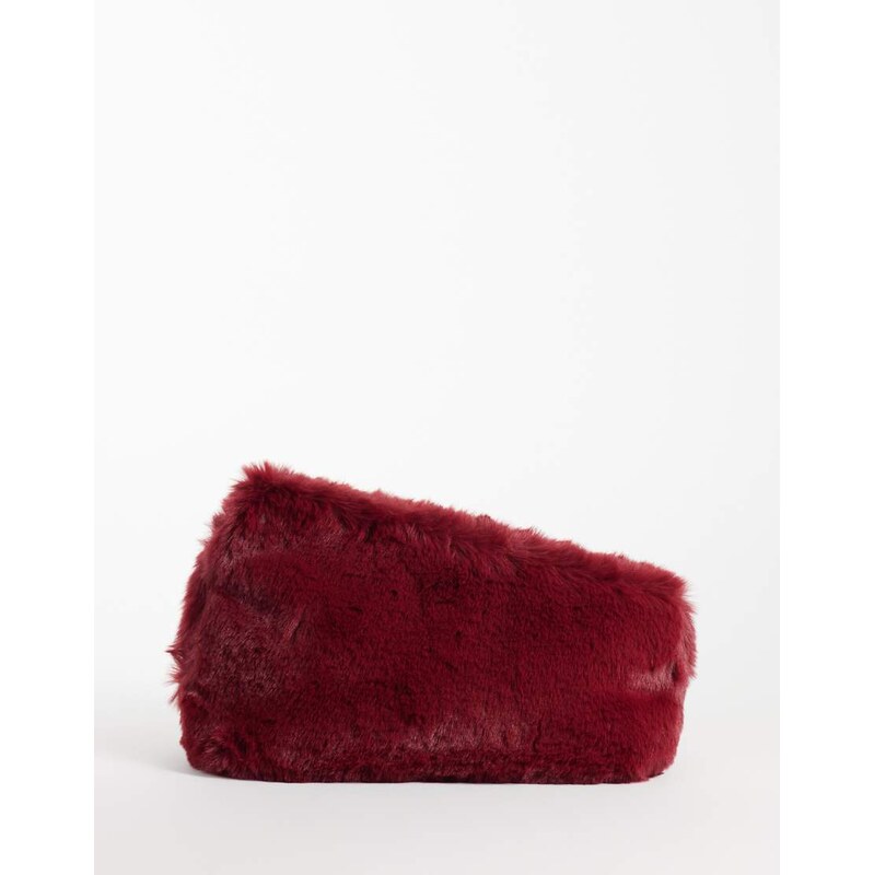 ASOS DESIGN asymmetric clutch in burgundy fur-Red