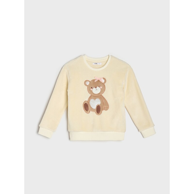 Sinsay - Chlupatá mikina crewneck s motivem medvídka - krémová