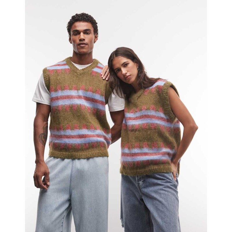 Reclaimed Vintage unisex stripe knitted tank in khaki-Green