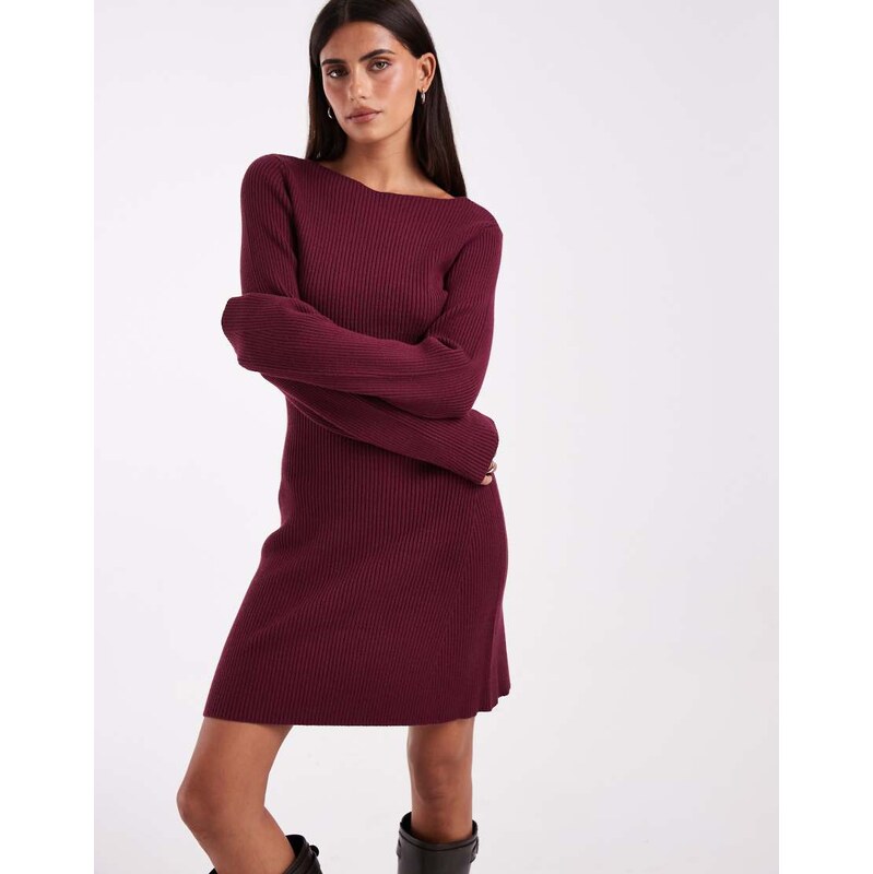 Vero Moda long sleeve boat neck knitted mini dress in burgundy