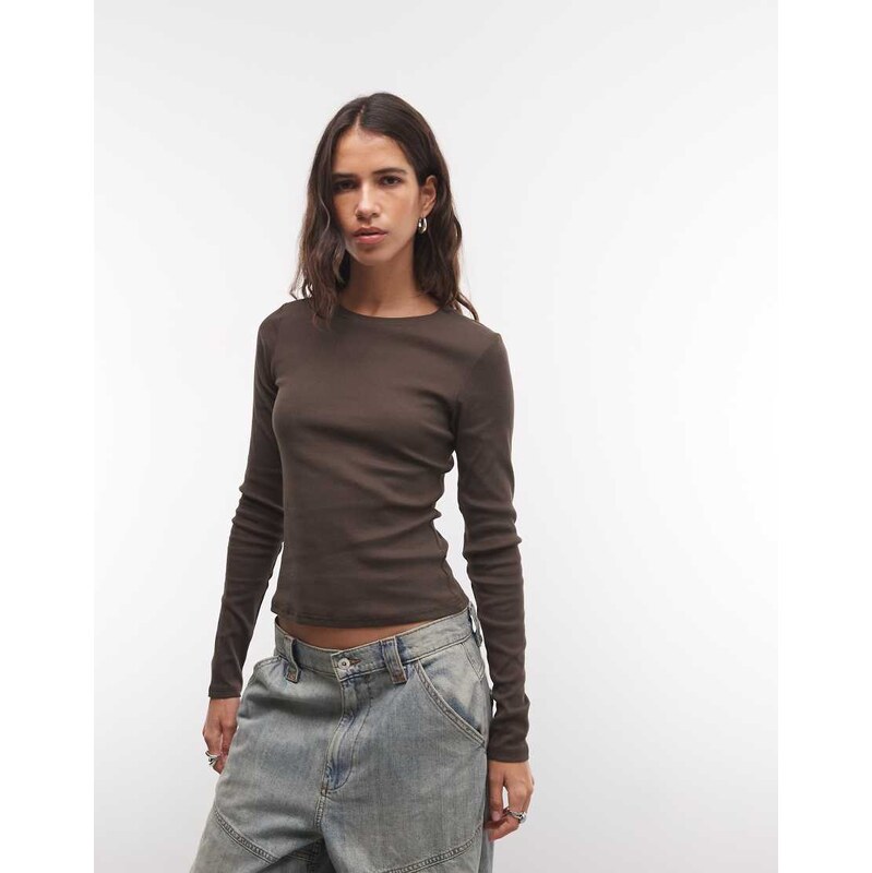 Monki ribbed long sleeve top in dark brown