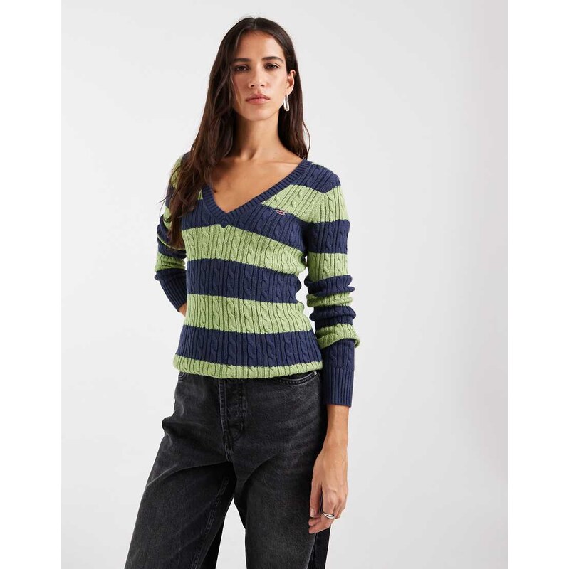 Hollister knitted icon logo v neck jumper in green and navy