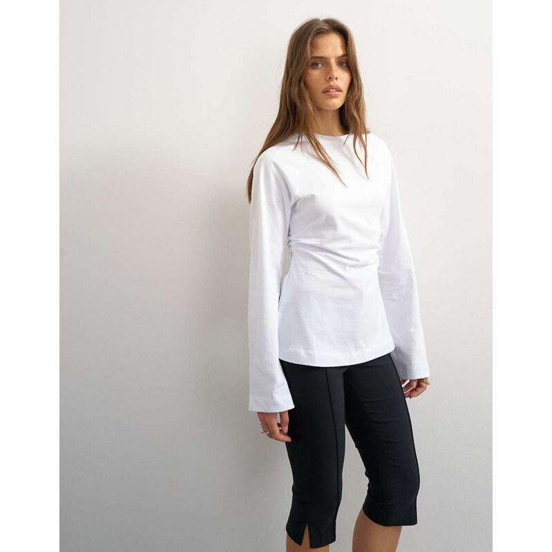 Topshop cinched waist long sleeve raglan t-shirt in white