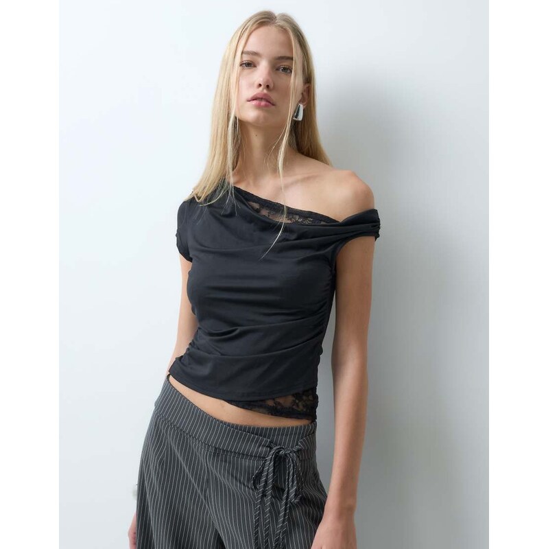 Bronze Snake off shoulder cupro top with lace edging in black