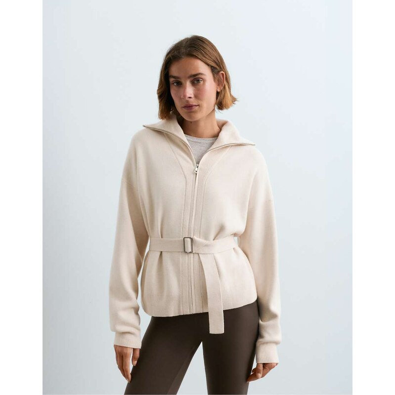 OYSHO High-neck belted jacket in ivory ecru-Neutral
