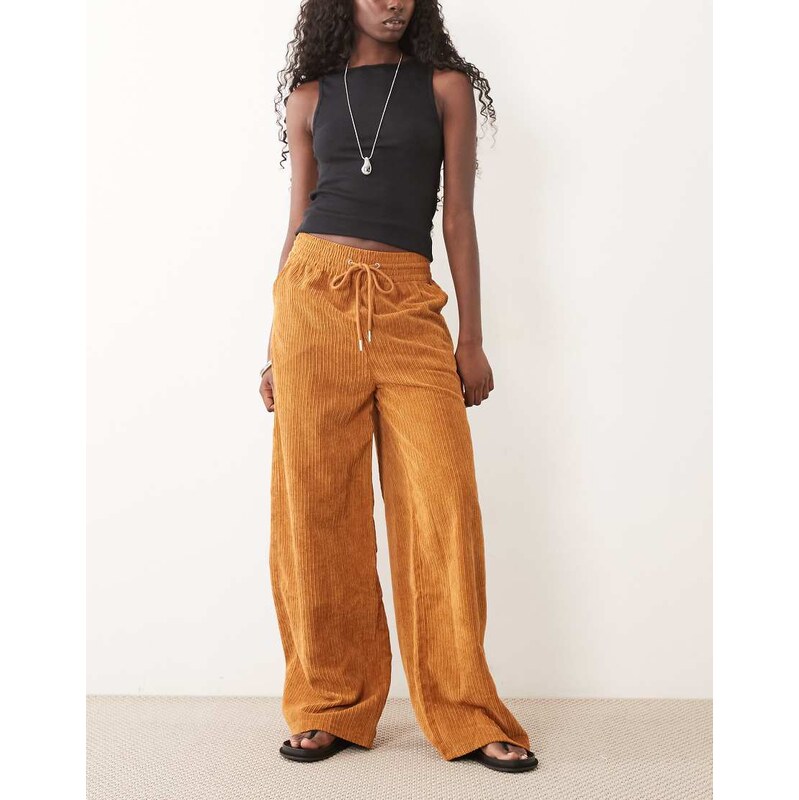 ASOS DESIGN pull on waist wide leg cord trousers in camel-Brown