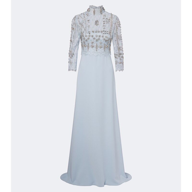 Costarellos Brona embellished lace-paneled crêpe gown