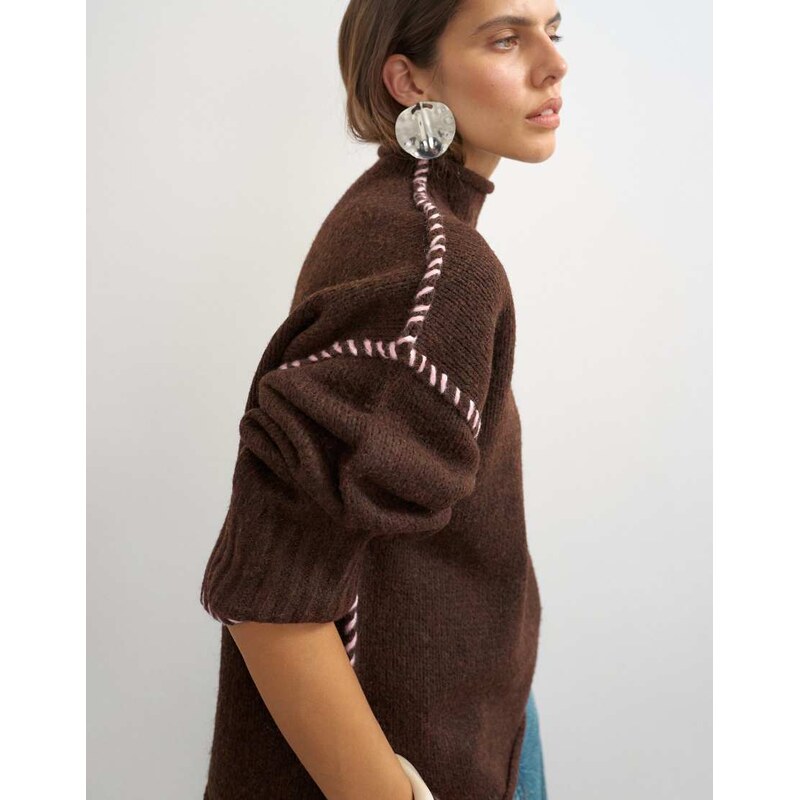 Topshop knitted roll edge blanket stitch jumper in pecan-Green