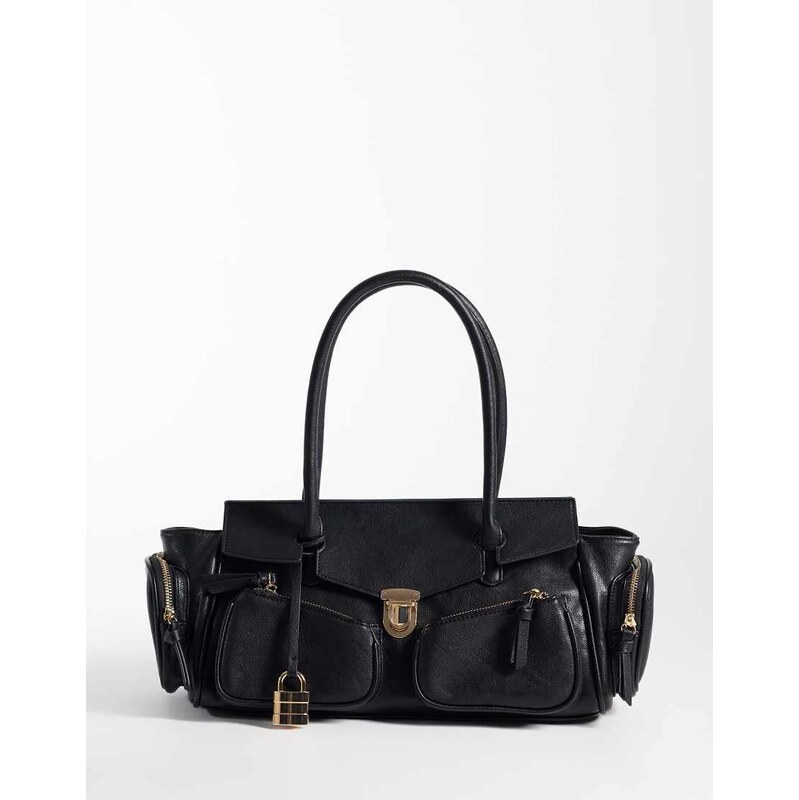 Glamorous multi pocket shoulder bag with padlock in black