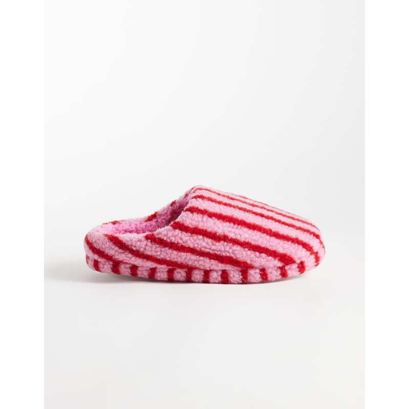 Loungeable borg slippers in red and pink stripe