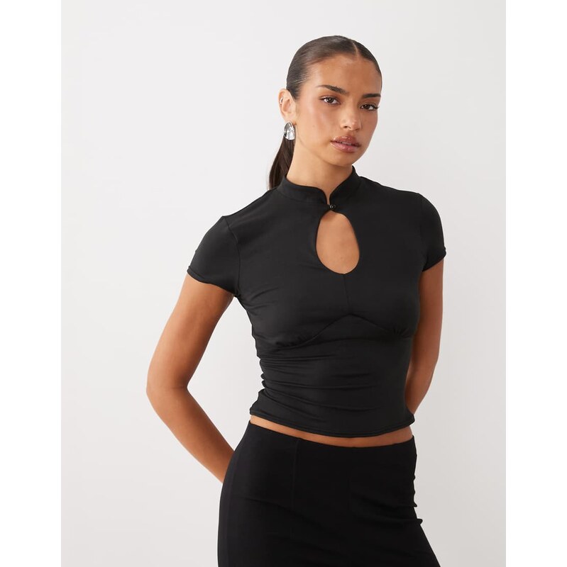 Missyempire mandarin collar keyhole front top in black