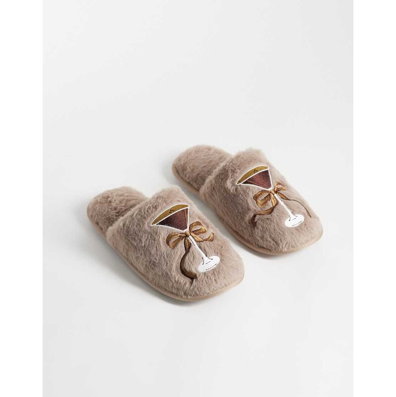 Loungeable embroidered espresso martini bow fluffy slipperss in