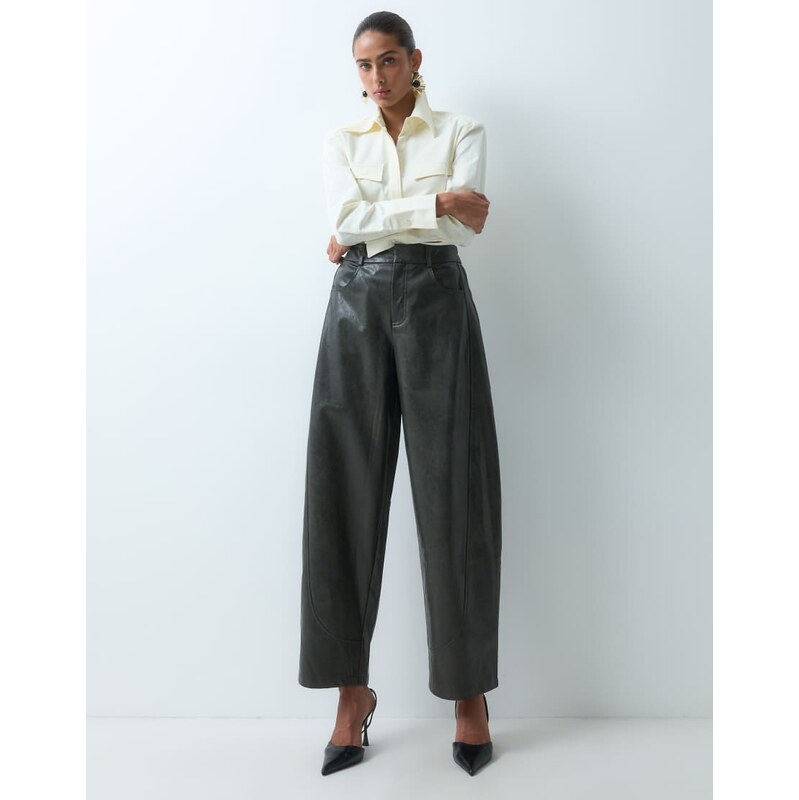 ASOS DESIGN Tailored faux leather barrel trousers in ink-Navy
