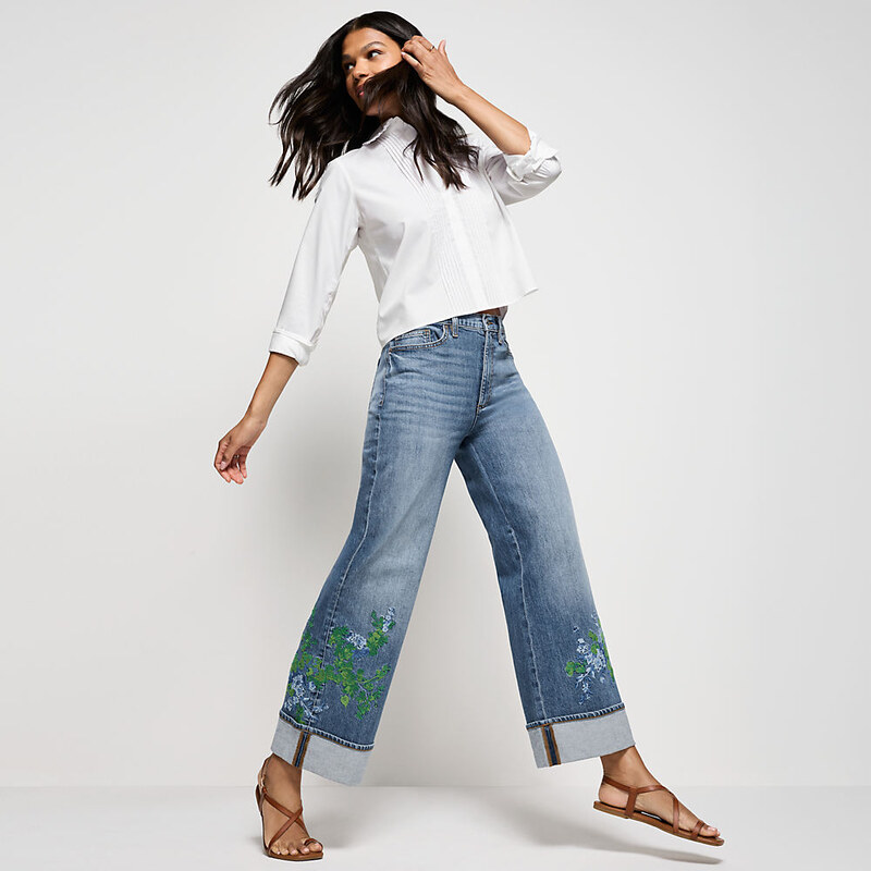 Soft Denim Wide Leg Embroidery Jeans, Women, size: 16 30,