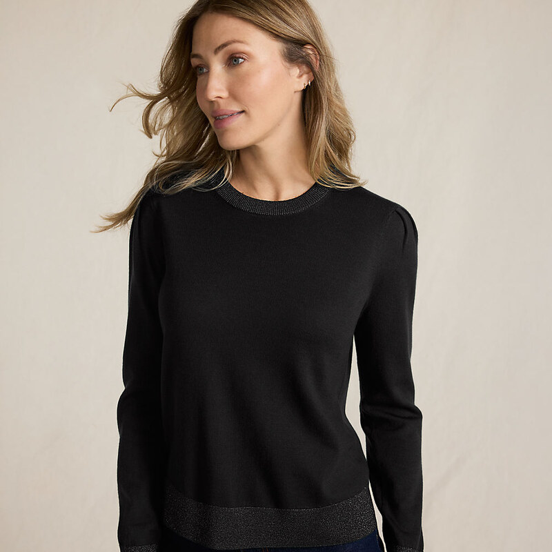 Merino Crew Neck Jumper, Shimmer Trims, Women, size: M, regular, Black 116376249