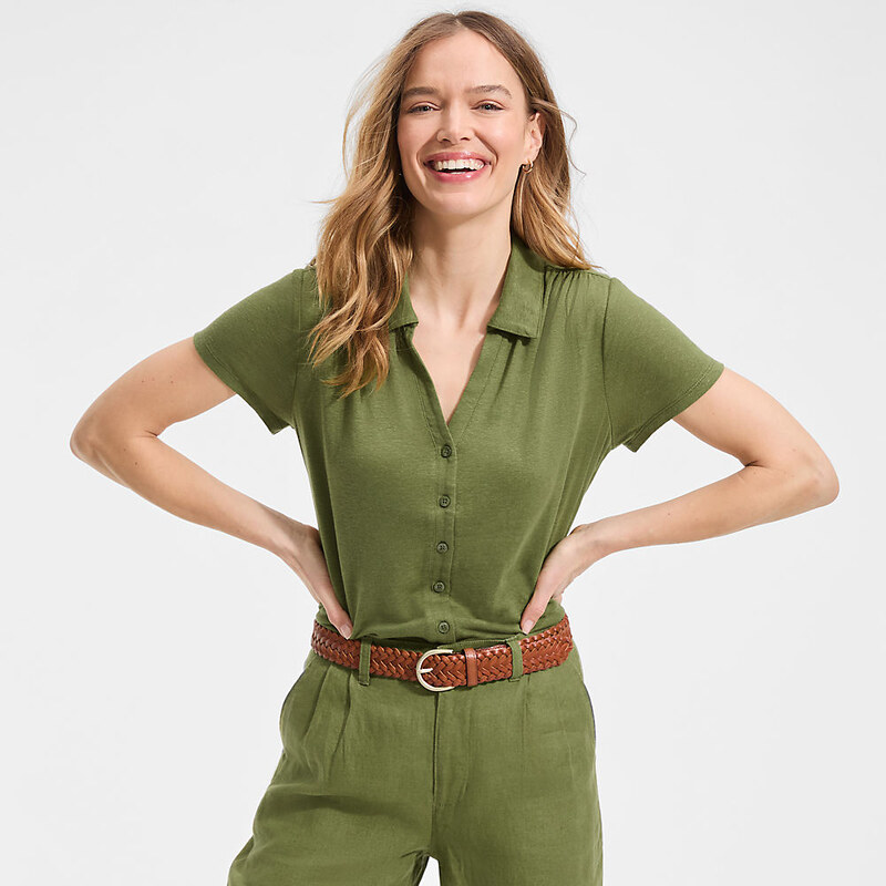 Soft Drape Linen Blend Button Front Polo, Women, size: XS,