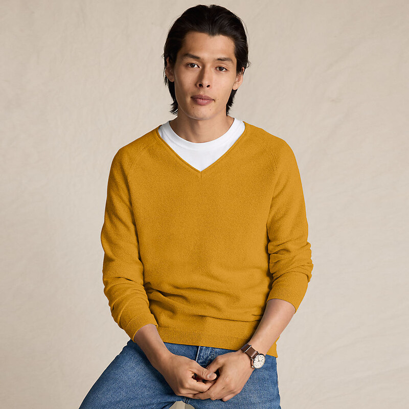 Cotton Twist V-neck Jumper, Men, size: XXL, regular, Yellow, by