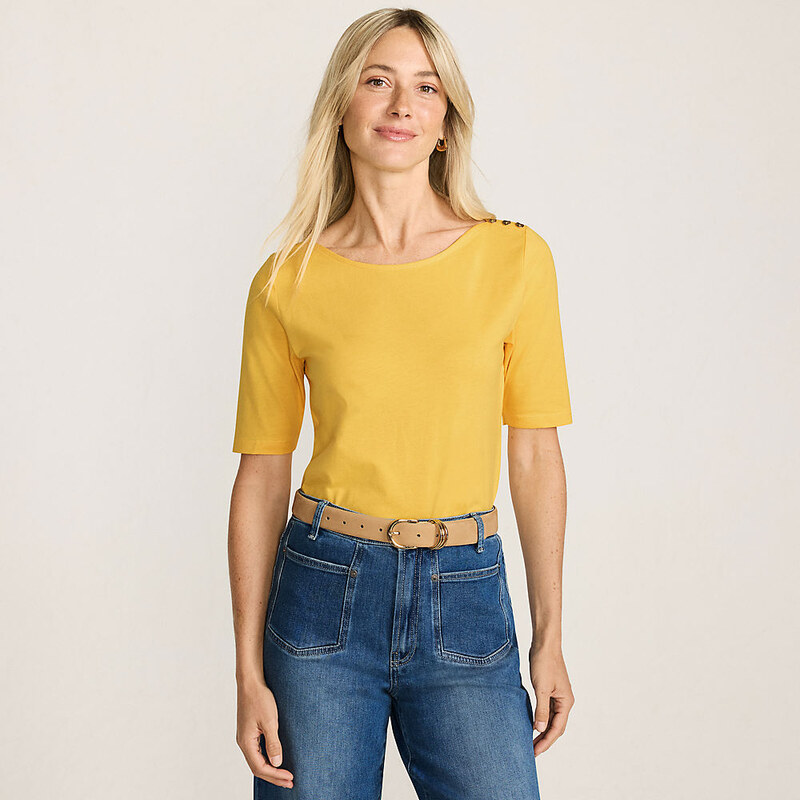 Single Knit Supima Boatneck Button Shoulder Tee, Women, size: L,