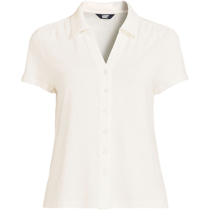Soft Drape Linen Blend Button Front Polo, Women, size: 1X, plus,