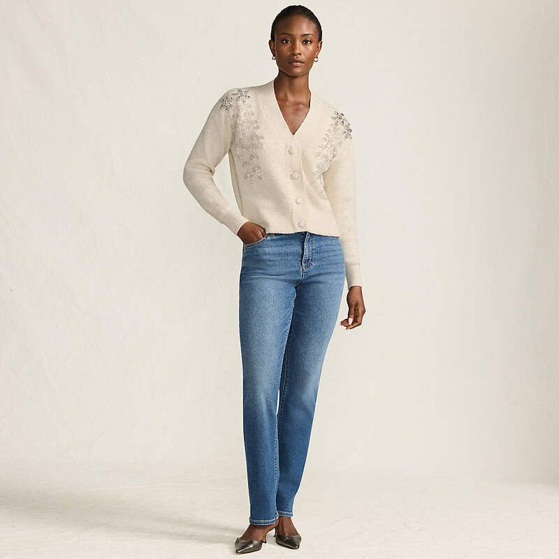 Diamante Front Cardigan, Women, size: M, petite, Ivory,