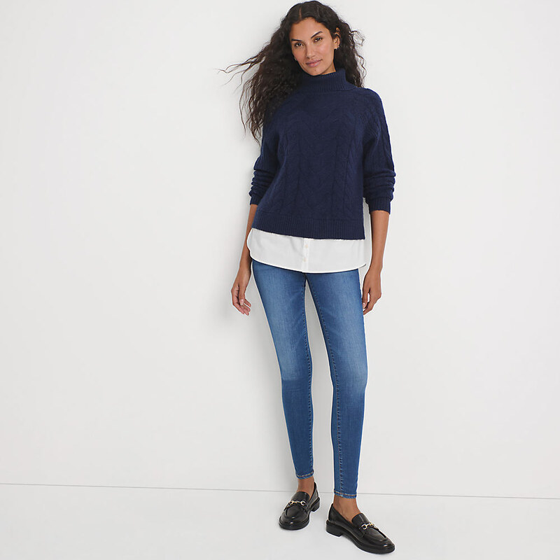 Roll Neck Mock Shirt Jumper, Women, size: S, petite, Blue,