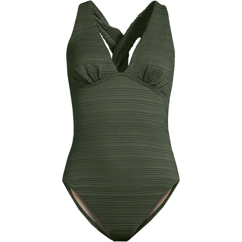Seersucker Plunge Twist Back High Leg Swimsuit, Women, size: 12,