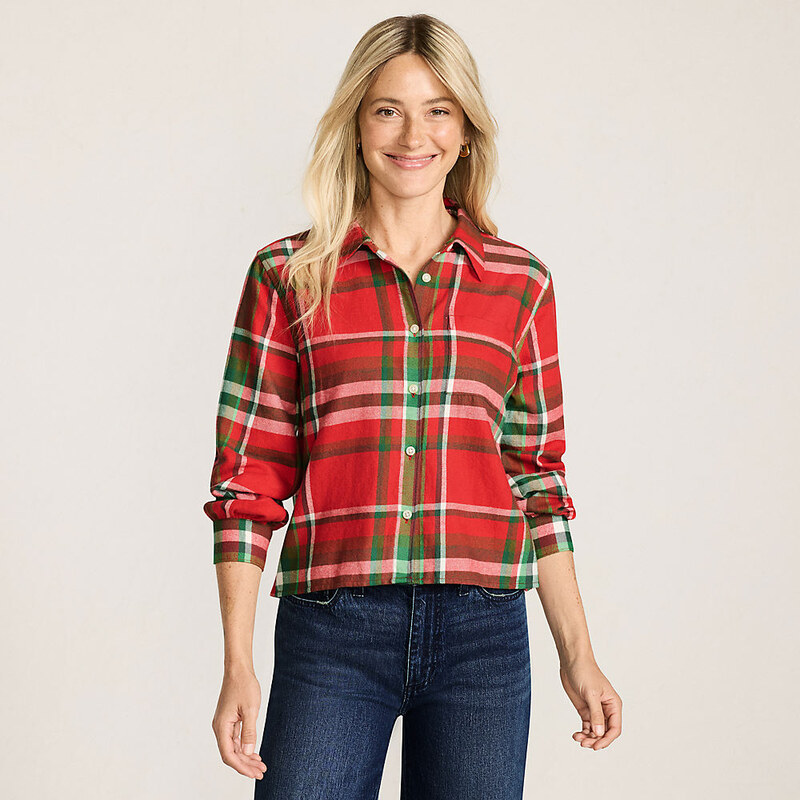Cropped Flannel Shirt, Women, size: M, petite, Red, Cotton, by