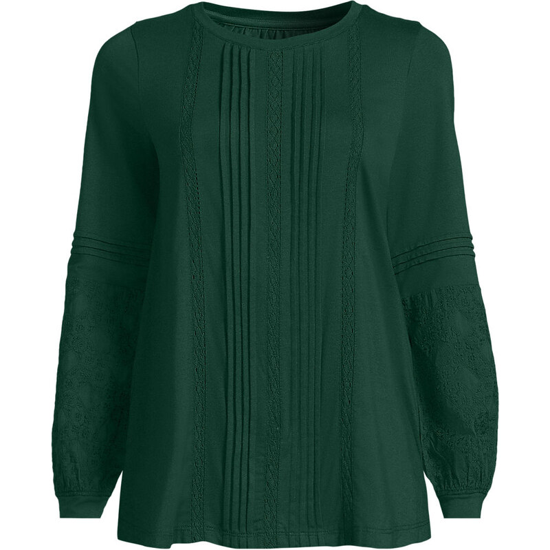 Cotton Modal Lace Pintuck Blouse, Women, size: M, regular, Green