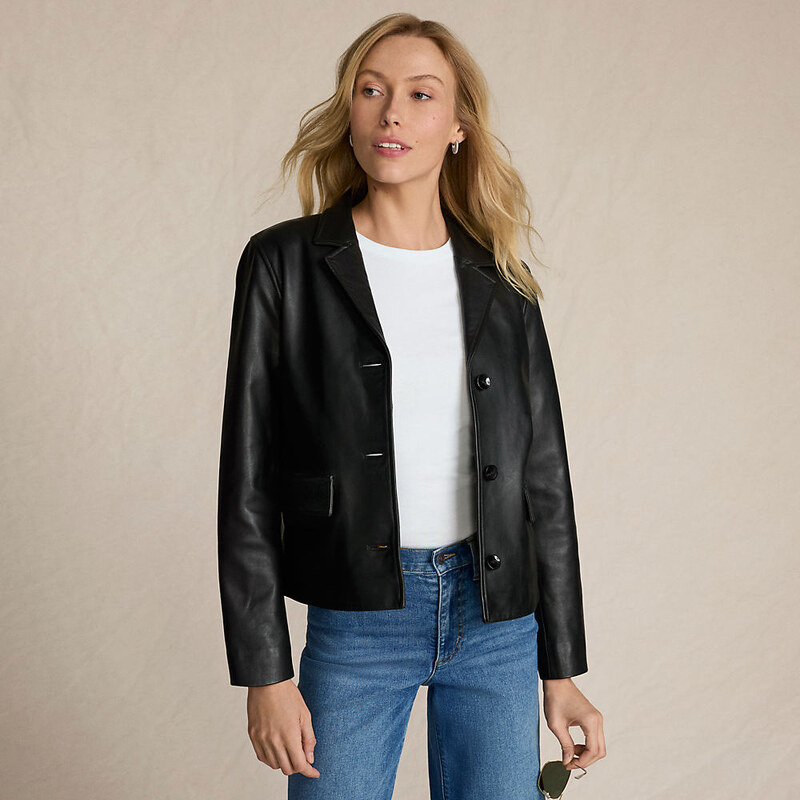 Leather Button Front Jacket, Women, size: M, regular, Black,