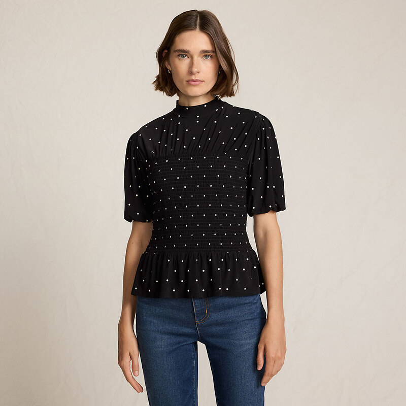 Silky Knit Bubble Sleeve Smocked Mock Neck, Women, size: XS,