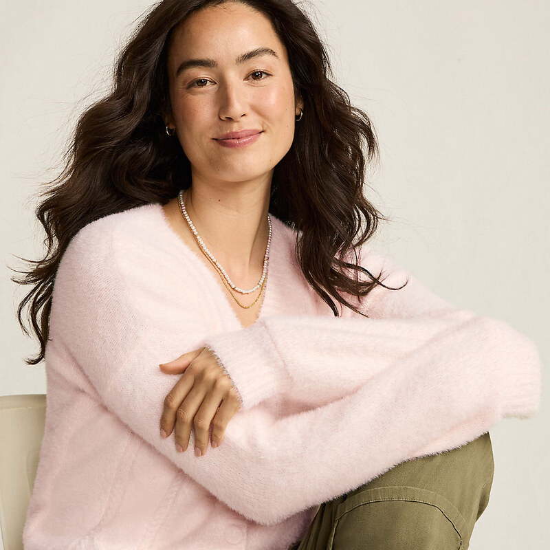 Fuzzy Eyelash Cable Cardigan, Women, size: L, petite, Pink,