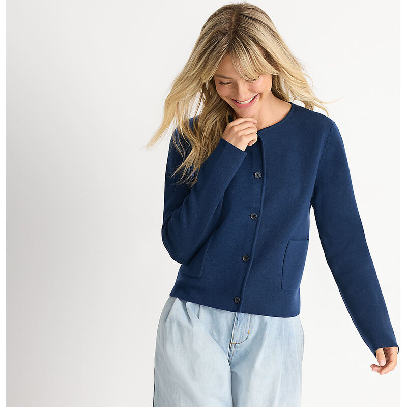 Fine Gauge Sweater Jacket, Women, size: L, petite, Blue, Cotton,