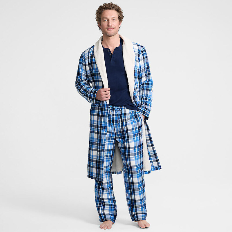 Sherpa-lined Flannel Dressing Gown, Men, size: M, regular, Blue,