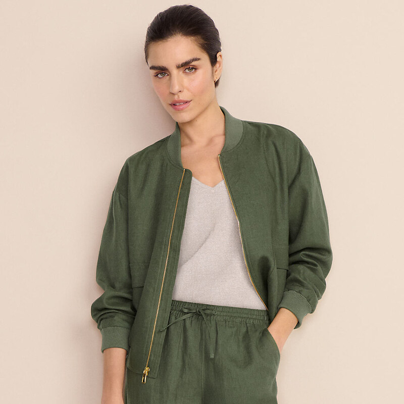 Premium Pure Linen Bomber Jacket, Women, size: L, regular, Green