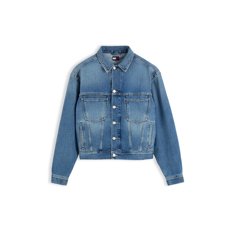 Tommy Jeans Přechodná bunda modrá džínovina / melounová / bílá