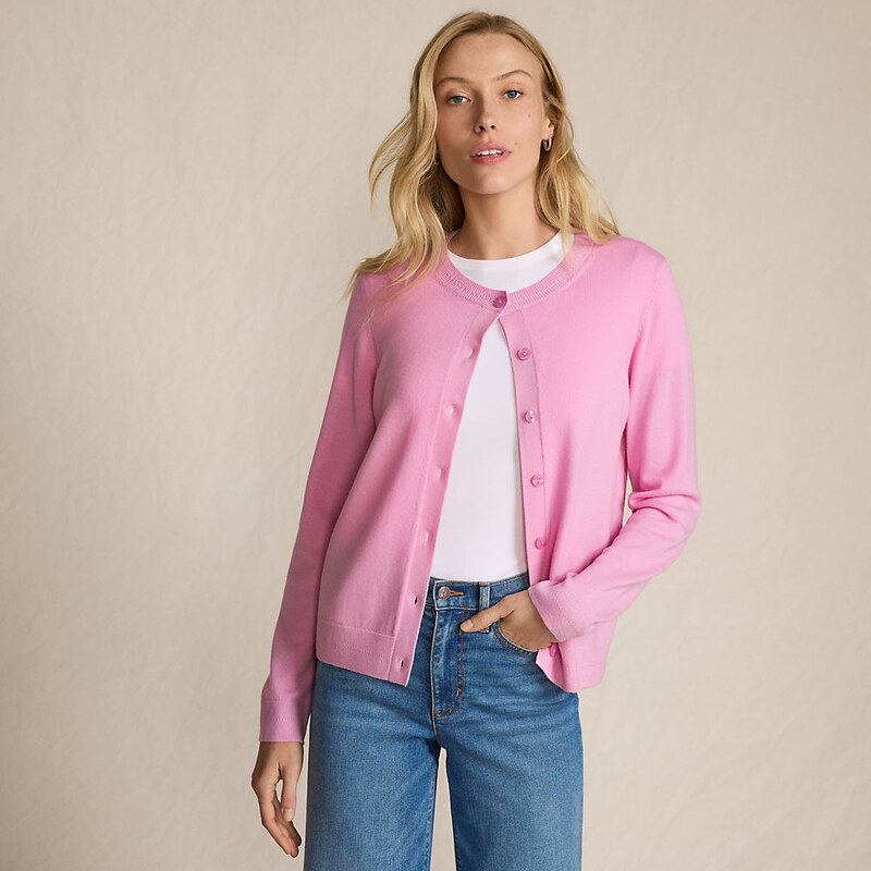 Merino Crew Neck Cardigan, Women, size: XS, petite, Pink, Wool,