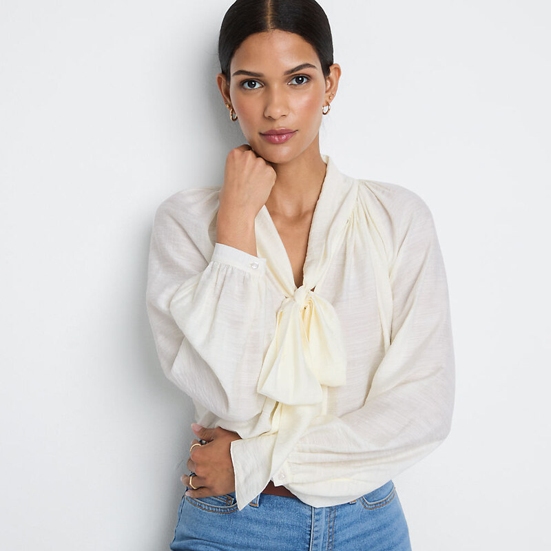 Balloon Sleeve Bow Neck Blouse, Women, size: L, regular, Ivory,
