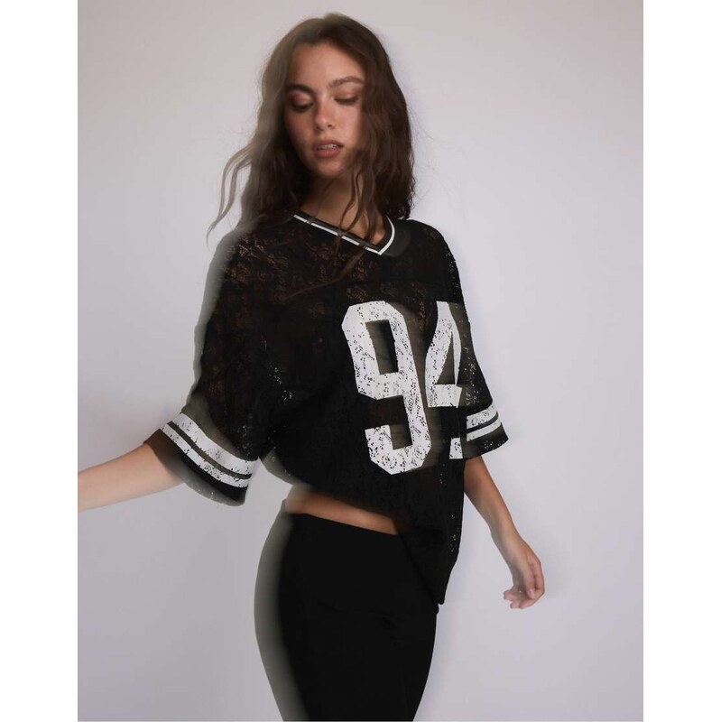 Stradivarius Number lace t-shirt in black