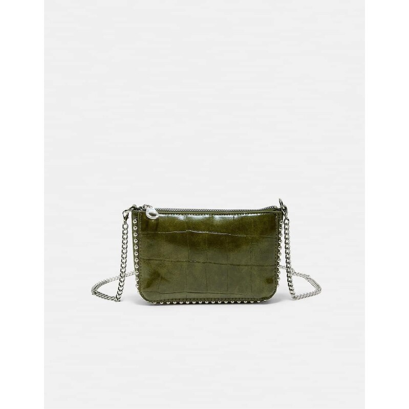 Stradivarius Mini mock croc studded bag in khaki-Green