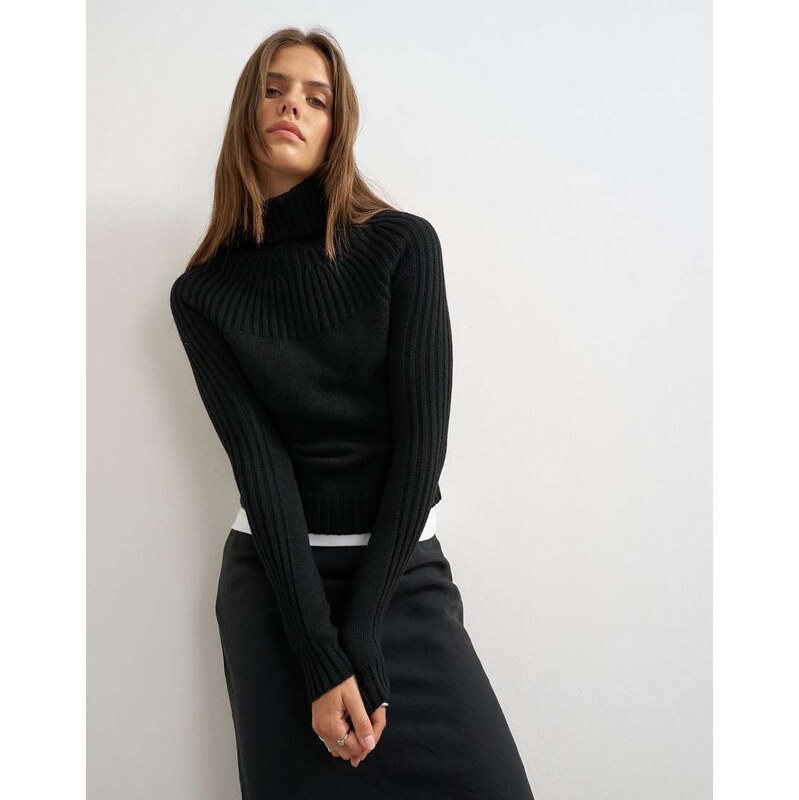 Topshop knitted rib yoke long sleeve top in black