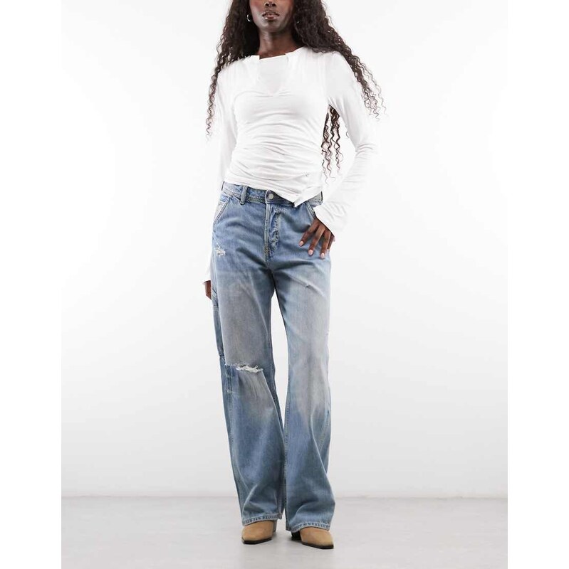 Monki wide leg workwear jeans in faded blue wash