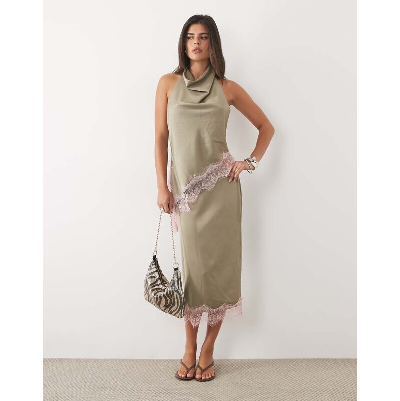 Missyempire satin lace trim midi skirt co-ord in khaki-Green