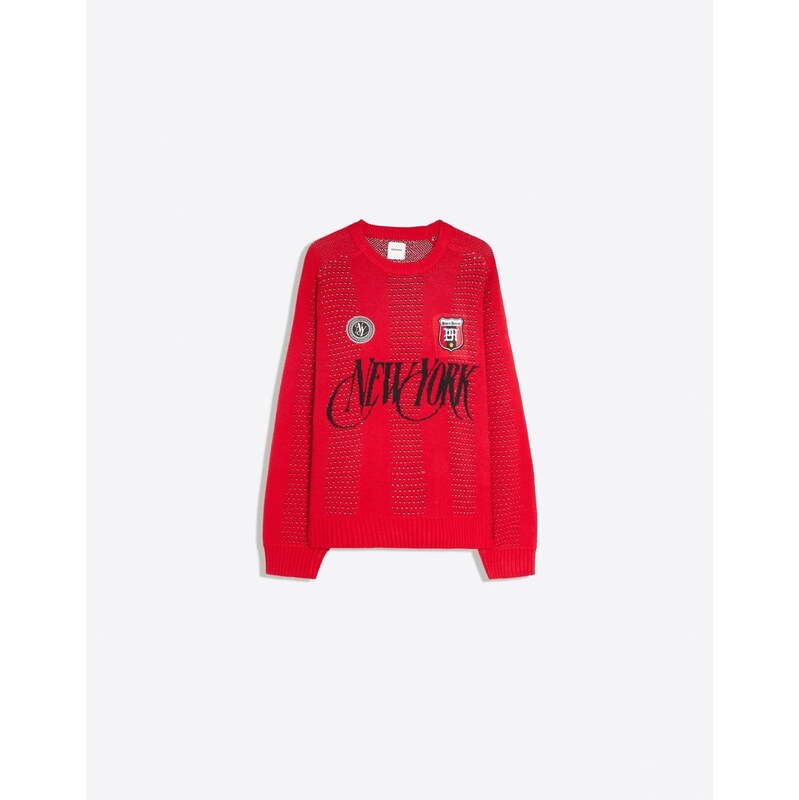 Bershka Mesh patch round neck jumper in red