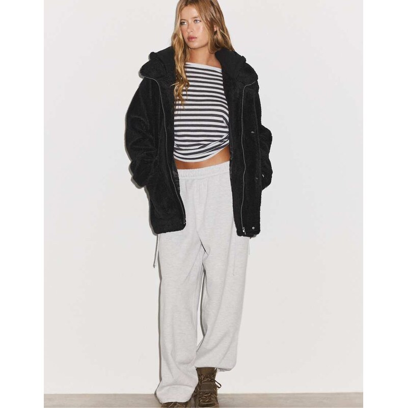 Stradivarius Faux sheepskin-effect hooded coat in dark grey